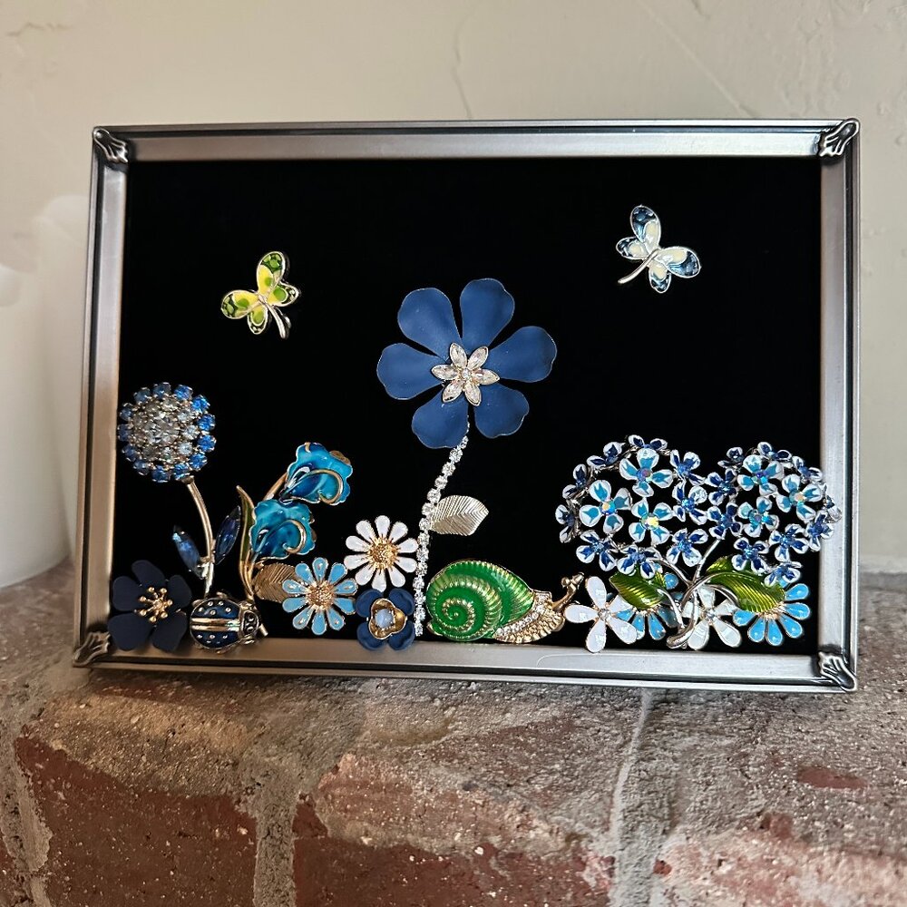 Blue Flower Garden Vintage Framed Jewelry Art